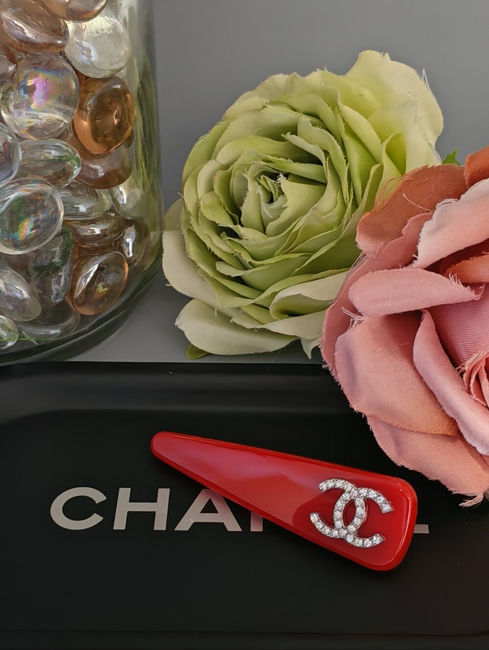Red Crystal CC Logo Hair Clip